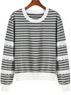 Shein Grey White Round Neck Striped Sweatshirt