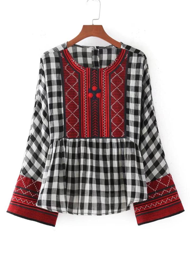 Shein Embroidery Detail Gingham Babydoll Blouse