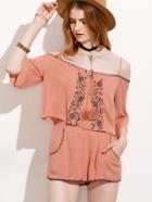 Shein Pink Tassel Tie Embroidered Top With Pocket Shorts