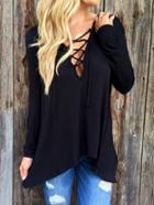 Shein Black V Neck Lace Up Loose T-shirt