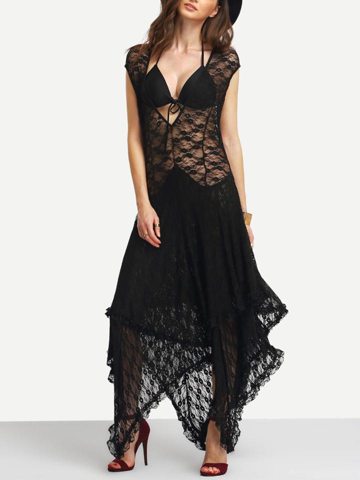 Shein Deep V-neck Asymmetric Long Lace Dress
