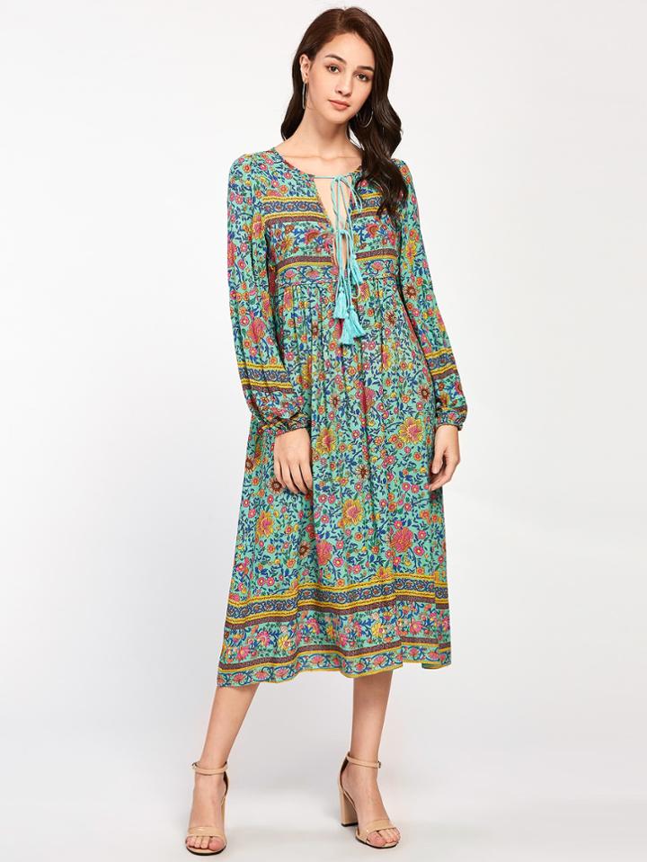 Shein Lace Up V Neck Boho Dress With Tassel