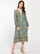 Shein Lace Up V Neck Boho Dress With Tassel