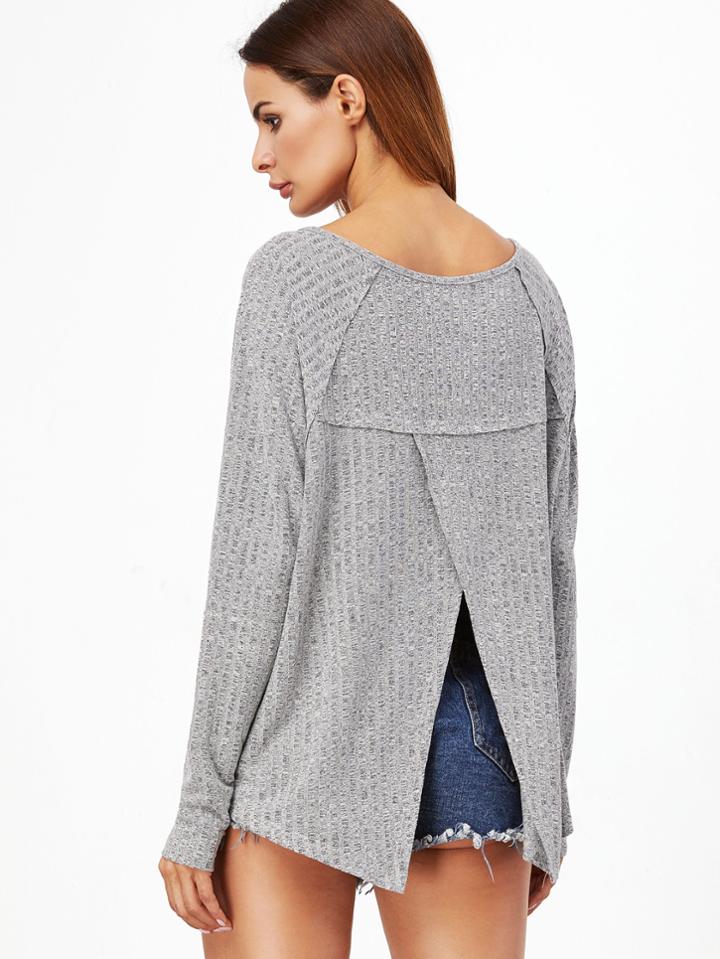 Shein Heather Grey Raglan Sleeve Split Back T-shirt