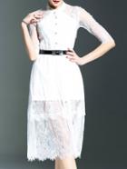 Shein White Belted Sheer Lace Dress
