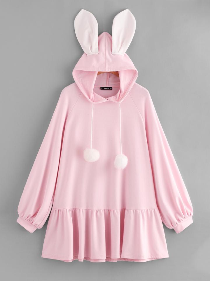 Shein Pompom Drawstring Hoodie Rabbit Dress