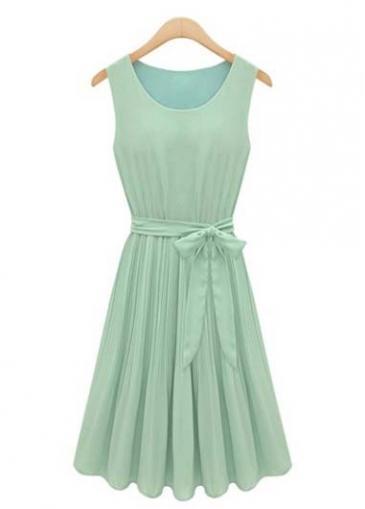 Rosewe Round Neck Sleeveless Chiffon Pleated Dress Light Blue