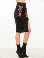 Shein Black Embroidered Rose Applique Split Front Velvet Skirt