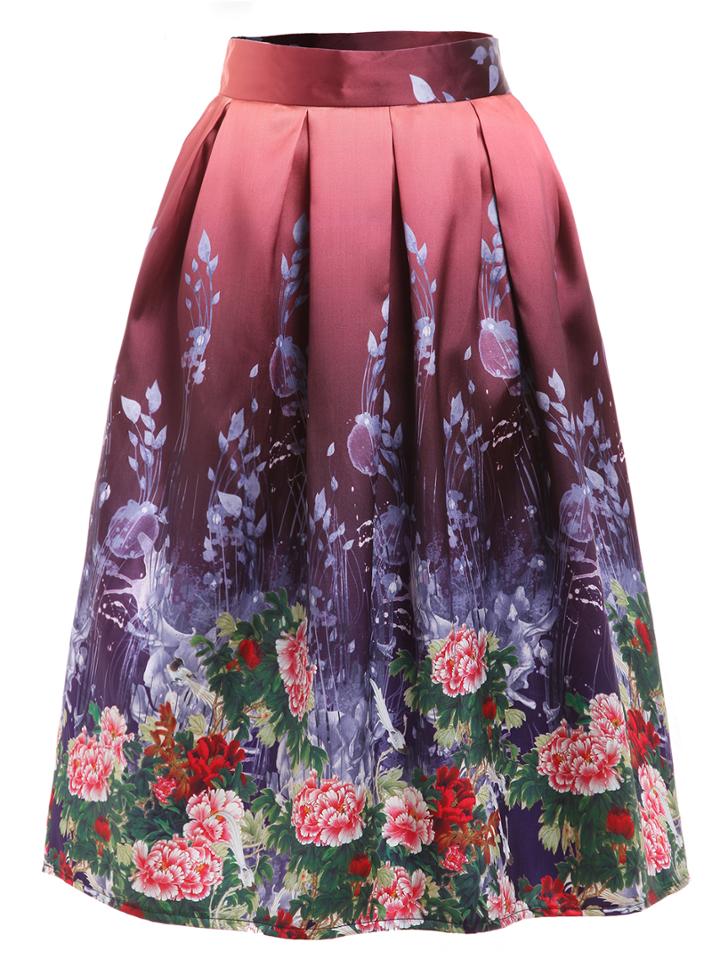 Shein Flower Painting Print Box Pleated Midi Skirt