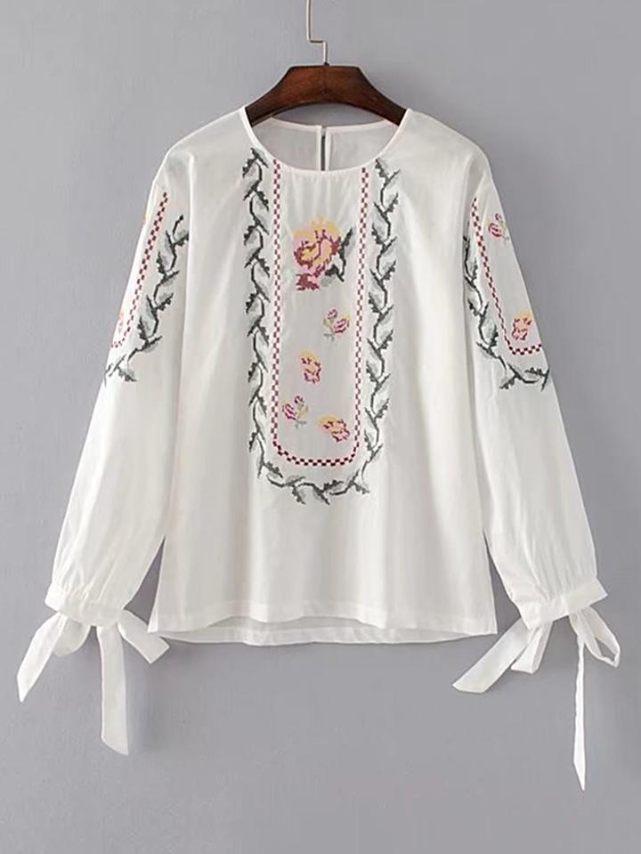Shein Bow Tie Cuff Embroidered Top