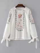Shein Bow Tie Cuff Embroidered Top