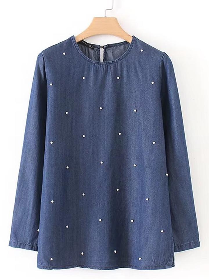 Shein Faux Pearl Embellished Denim Blouse
