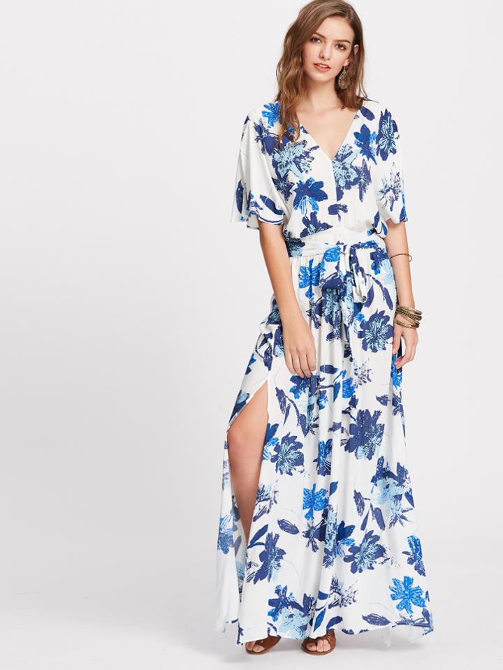 Shein Floral Flutter Sleeve Self Tie Side Slit Kimono Dress