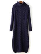 Shein Navy Turtle Neck Cable-knit Split Sweater Dress