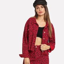Shein Leopard Print Raw Hem Buttoned Denim Jacket