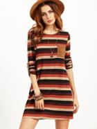 Shein Multicolor Striped Roll Sleeve Dress With Patch Pocket