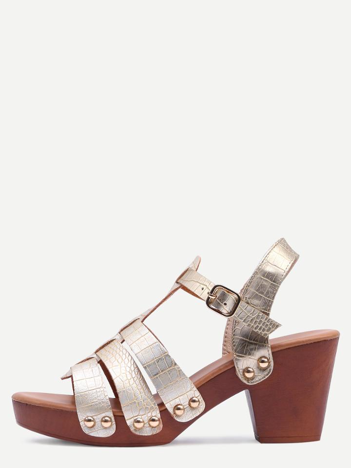 Shein Gold Crocodie Emobossed Caged Wooden Heel Sandals