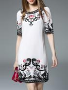 Shein White Disc Flowers Embroidered Shift Dress