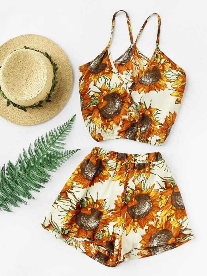 Shein Random Sunflower Print Surplice Cami Top With Shorts