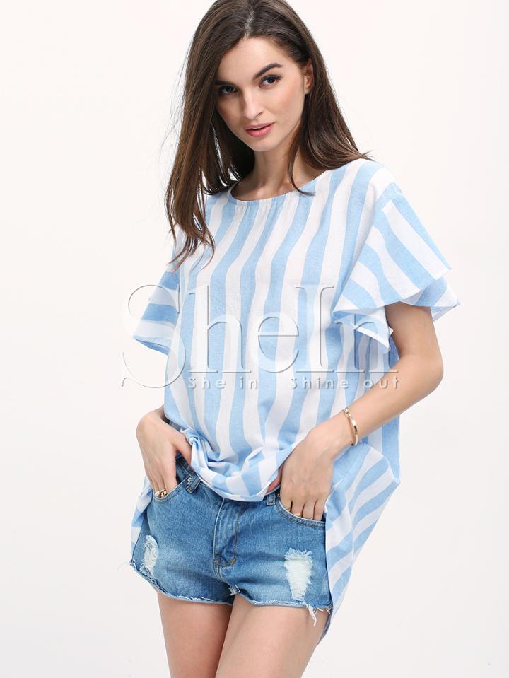 Shein Blue White Striped High Low Blouse