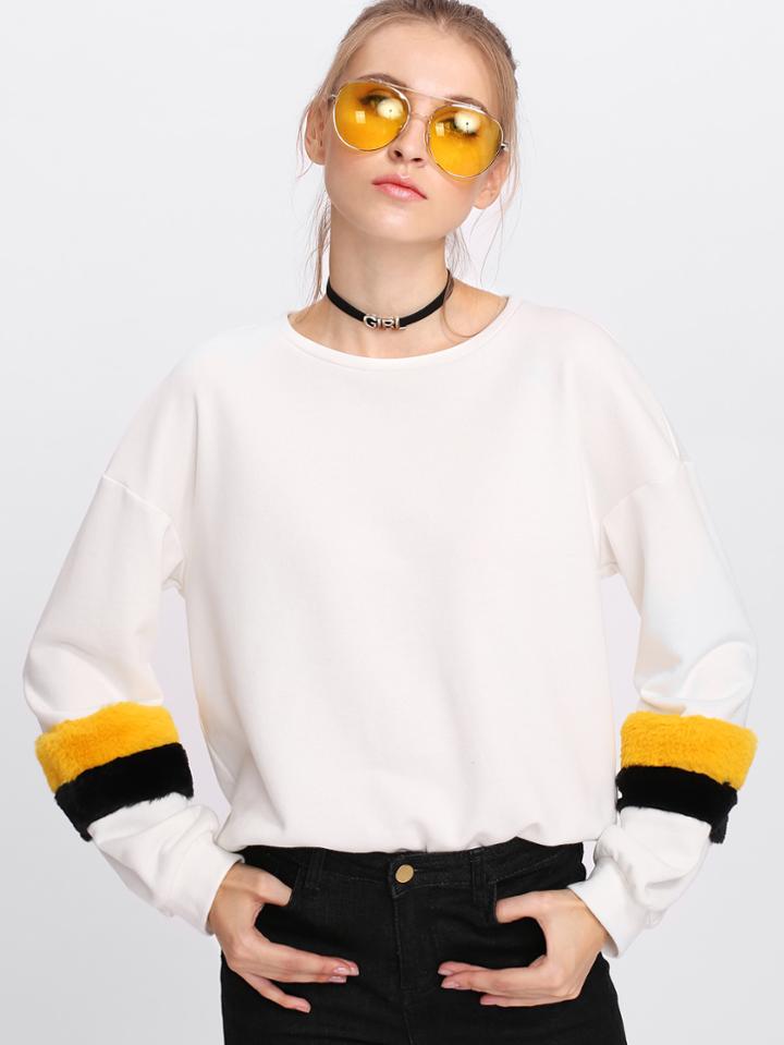 Shein Faux Fur Detail Sleeve Drop Shoulder Pullover