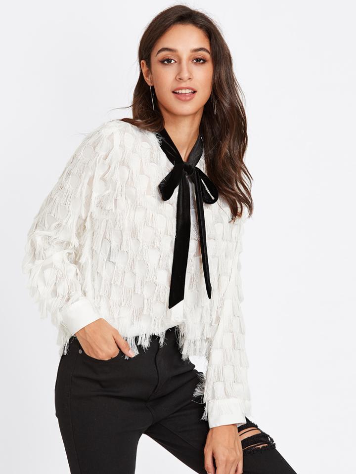 Shein Contrast Tied Neck Allover Fringe Top