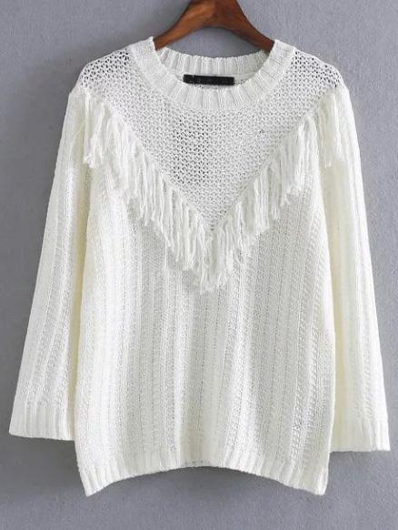 Shein White Round Neck Fringe Detail Sweater