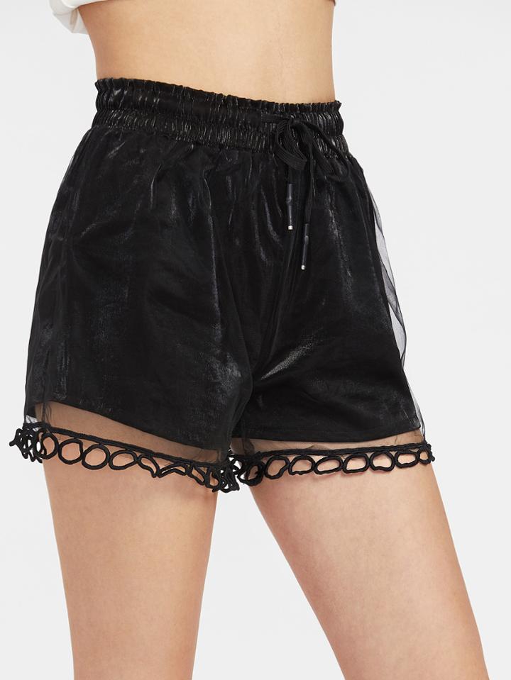 Shein Mesh Panel Drawstring Shirred Waist Shorts