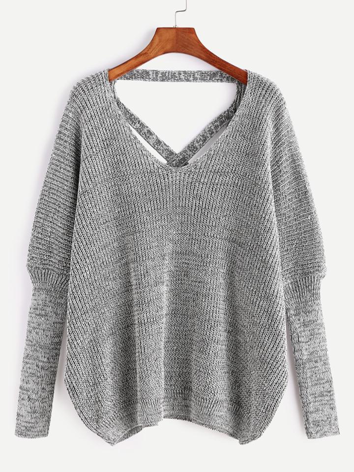 Shein Grey V Neck Criss Cross Back Loose Sweater