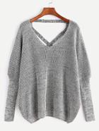 Shein Grey V Neck Criss Cross Back Loose Sweater