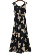 Rosewe Cheap Cotton Butterfly Print High Waist Dress Black