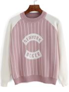 Shein Pink Crew Neck Vertical Stripe Crop Sweater