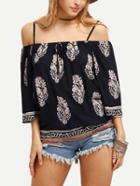 Shein Cold Shoulder Flower Print Blouse