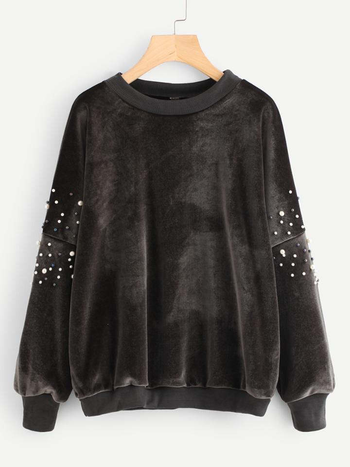 Shein Pearl Beading Drop Shoulder Velvet Pullover