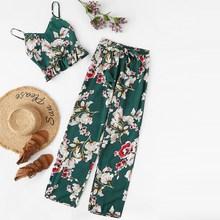 Shein Ornate Print Ruffle Cami & Pants Pj Set