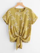 Shein Floral Print Knot Front Cuffed Tee