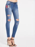 Shein Bleach Wash Flower Embroidered Destroyed Skinny Jeans