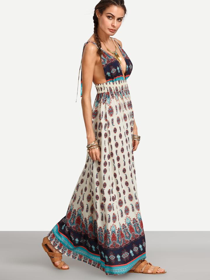 Shein Multicolor Print Spaghetti Strap V Neck Backless Dress