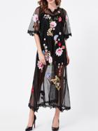 Shein Black V Neck Sheer Gauze Embroidered Maxi Dress