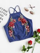 Shein Flower Patch Crisscross Zip Back Chambray Cami Top