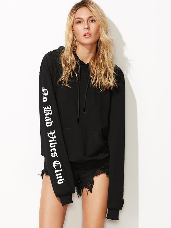 Shein Black Letter Print Drawstring Hooded Sweatshirt With Pocket