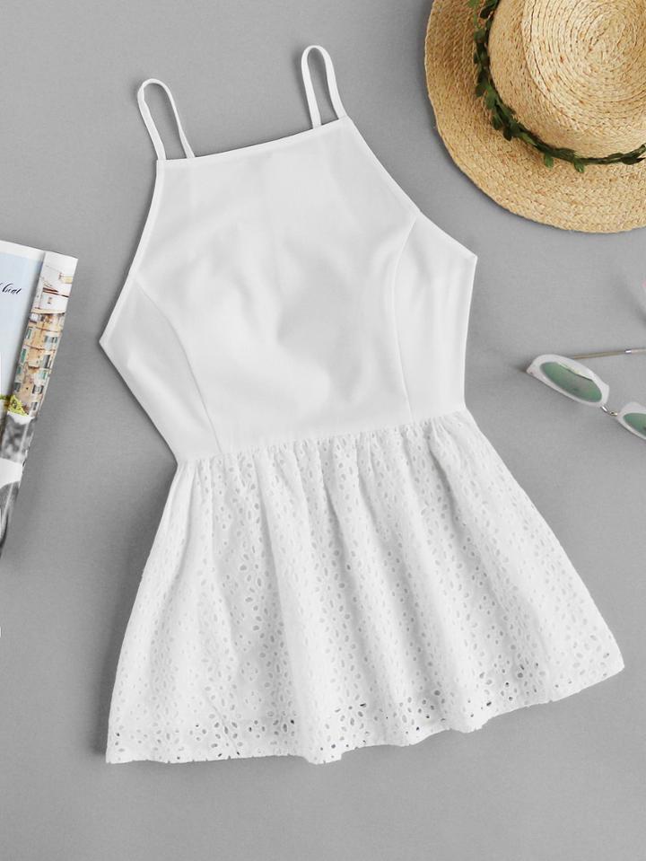 Shein Princess Seam Eyelet Embroidered Trim Peplum Cami Top