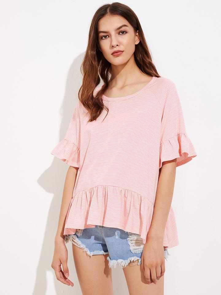 Shein Raglan Sleeve Flounce Trim Striped Tee