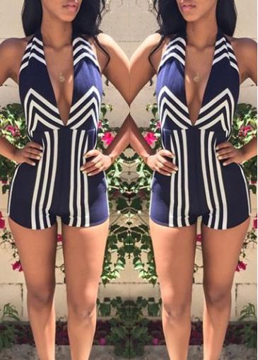 Rosewe Navy Blue Plunging V Neck Sleeveless Romper