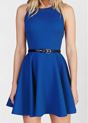 Rosewe Round Neck Cobalt Blue Skater Dress