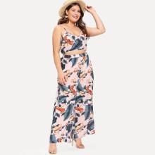 Shein Plus Tropical Print Crop Cami & Wide Leg Pants Set