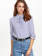 Shein Blue And White Striped Tie Neck Puff Sleeve Blouse