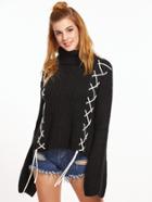 Shein Black Lace Up Stand Collar Sweater