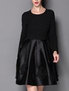 Shein Black Round Neck Long Sleeve Embroidered Dress