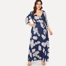 Shein Plus Surplice Neck Floral Print Dress